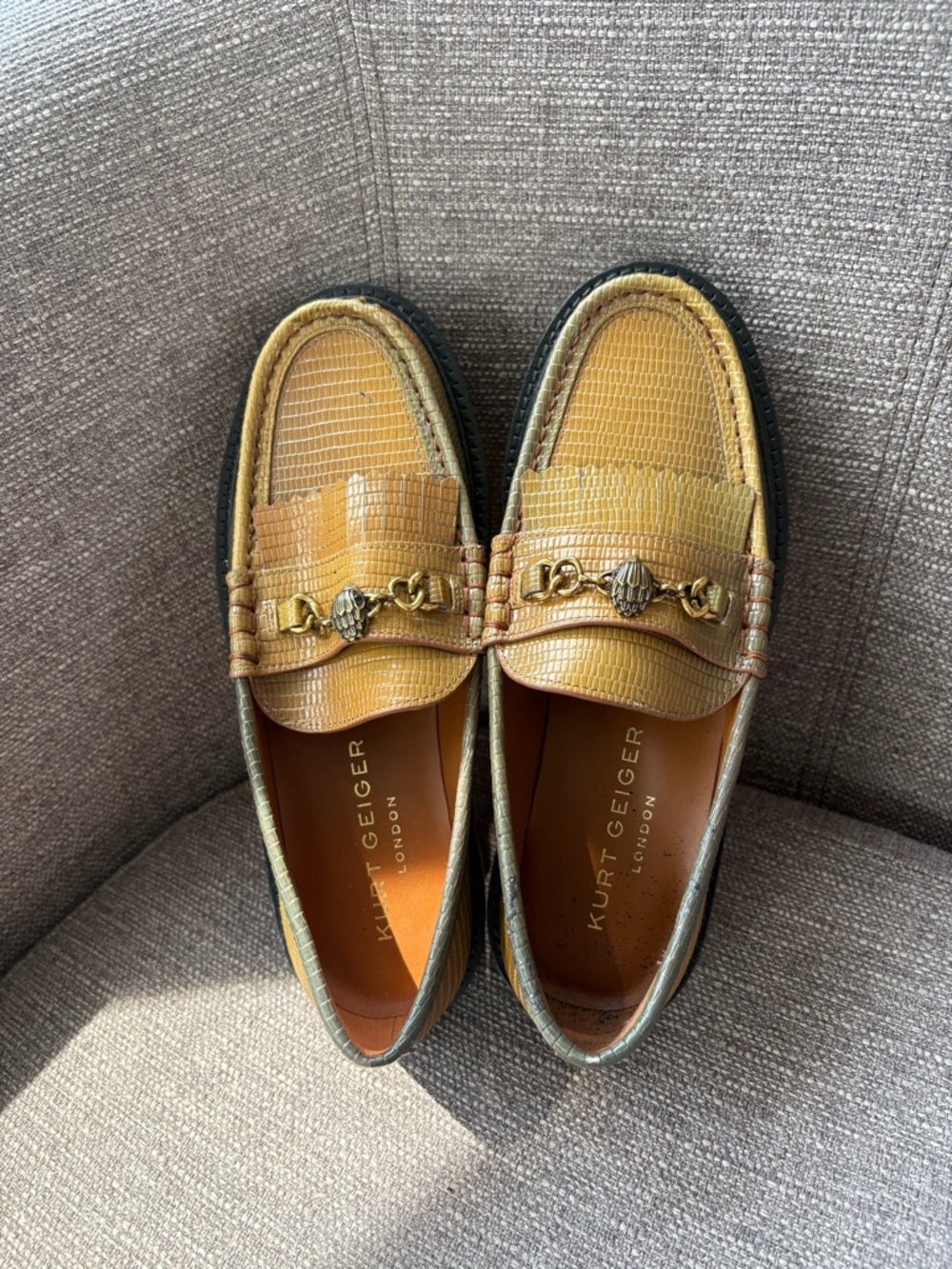 Kurt Geiger women’s Mustard Yellow Lizard-Textured Bit Loafers